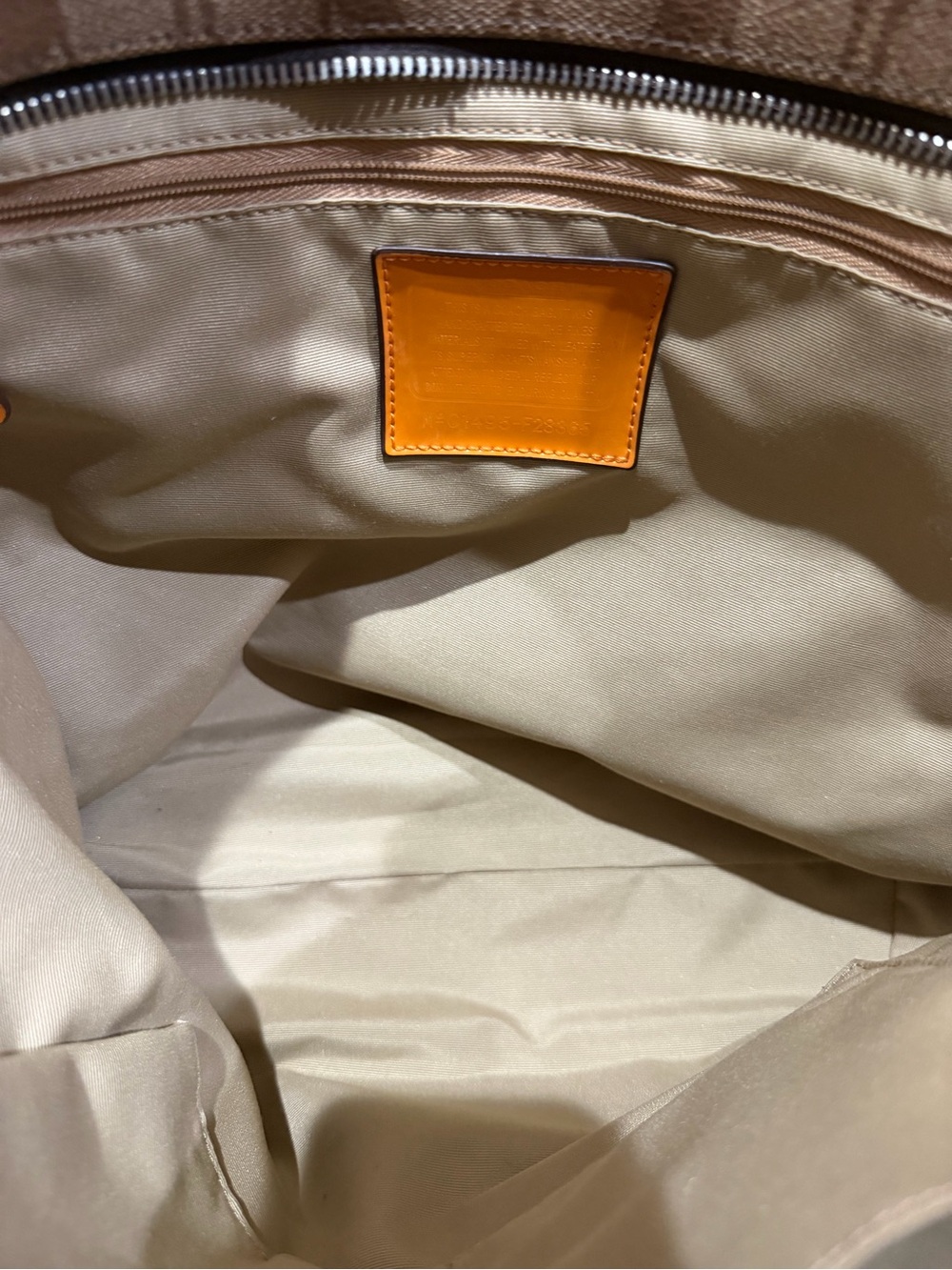 Coach Signature Canvas Zip Top Tote Bag Khaki Orange Leather Trim - Picture 9 of 13